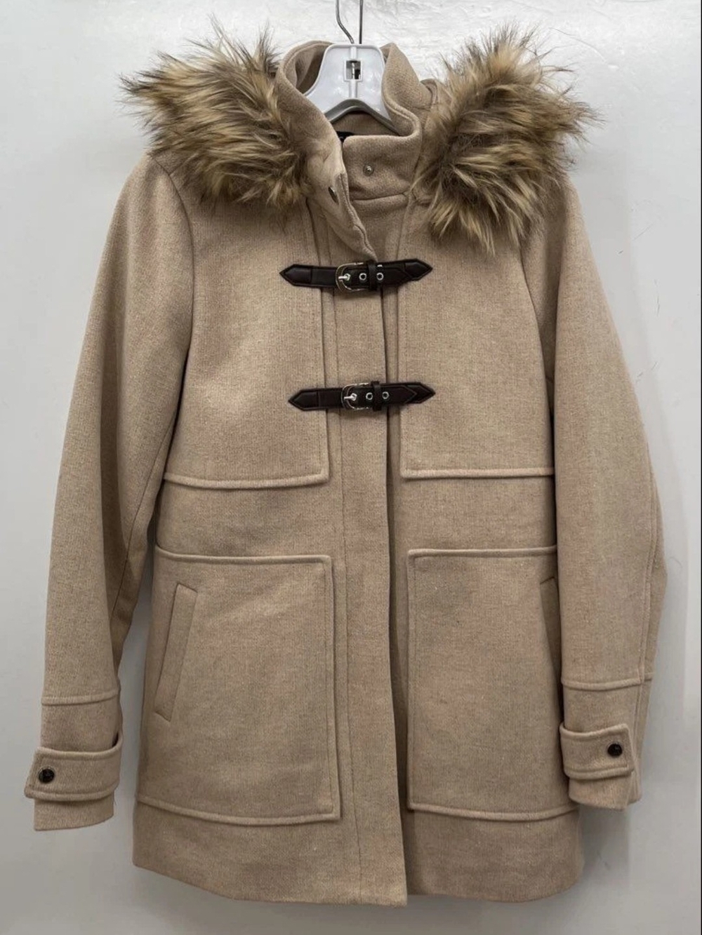 CoffeeShop Beige Wool Blend Hooded Toggle Duffel Coat Faux Fur Trim Size S Small